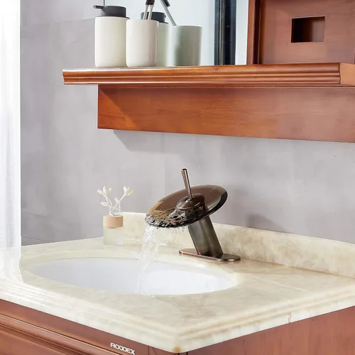 Miniatura 7 de Grifo de baño cascada de latón macizo de vidrio de una sola manija de un solo agujero lavabo lavabo grifo de baño, corto, bronce aceitado Bronce