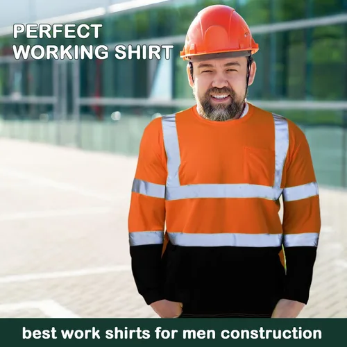 Miniatura 7 de Zhanmai 6 Pack Long Sleeve Safety Shirt High Visibility Reflective Class 3 Hi Vis Construction Safety Shirt with Pocket Naranja
