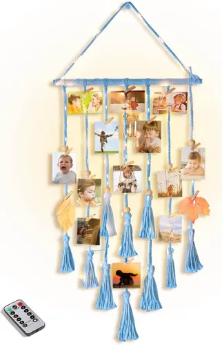Miniatura 15 de Homecor Decoración de pared colgante de macramé negro, decoración bohemia para habitación, collage de marcos de fotos con luz remota, 30 clips
