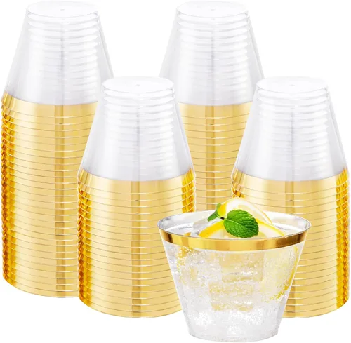 I00000 Vasos de plástico resistentes, 9 onzas, con borde dorado, transparentes, 100 unidades, libres de BPA, desechables, para fiestas y bodas