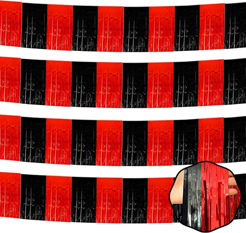 Miniatura 6 de Paquete de 4 guirnaldas de flecos de papel de aluminio negro de 10 pies con serpentinas metálicas de oropel para colgar en la pared, telón de fondo