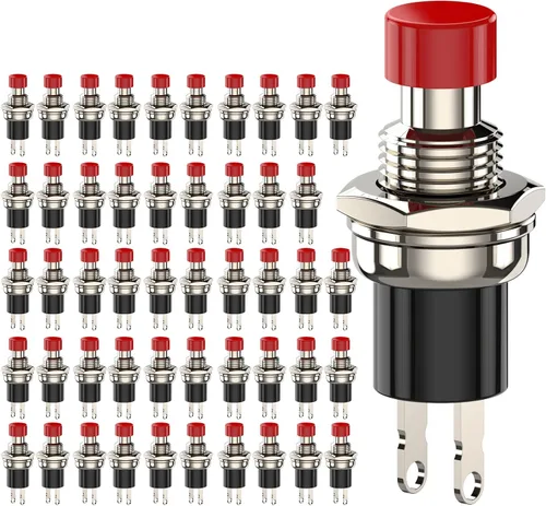Miniatura 10 de Interruptor de botón momentáneo, 1A 250VAC SPST Mini interruptores de botón cerrado normal (NC) tapa negra y roja - 20 piezas