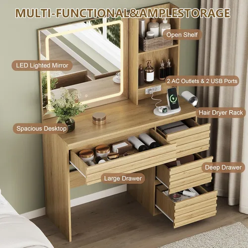 Miniatura 2 de Escritorio de maquillaje con luces, tocador estilizado con 4 cajones, estantes abiertos, toma de corriente, espejo iluminado LED, 3 modos de Roble