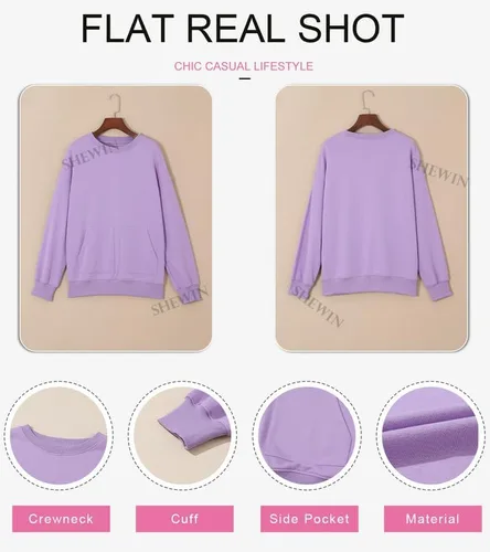 Miniatura 5 de SHEWIN Sudaderas para mujer, cuello redondo, color sólido, a la moda, cálidas, de gran tamaño, ligeras, sin botones