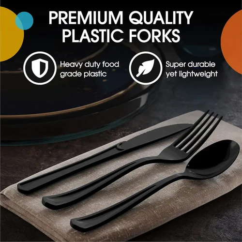 Miniatura 4 de Exquisite Tenedores de plástico negro, 50 piezas, tenedores negros, utensilios desechables, juego de cubiertos de plástico resistente