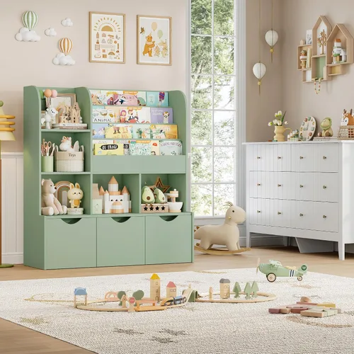 Miniatura 2 de FOTOSOK Estantería para niños de 47 pulgadas con almacenamiento de juguetes, estantería multifuncional con 5 cubos de almacenamiento y 3 cajones