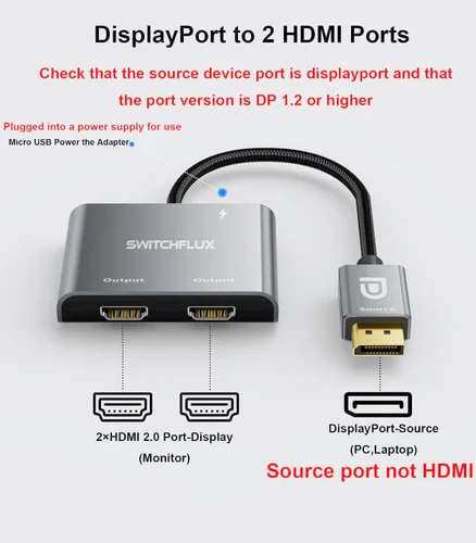 Miniatura 2 de Adaptador DisplayPort a HDMI dual [4K @60Hz] Divisor DP a HDMI, pantalla extendida de 1 en 2 salidas, convertidor de fuente macho DP para monitores