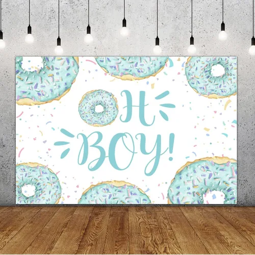 Lofaris Telón de fondo Oh Boy para baby shower, dona azul y verde para fiesta de niños, lunares coloridos, confeti, fotografía, telón de fondo para