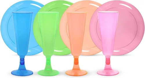 Tiger Chef El paquete de 272 copas de champán neón Fiesta incluye platos de plástico duro, servilletas de papel neón y vasos de champán de plástico