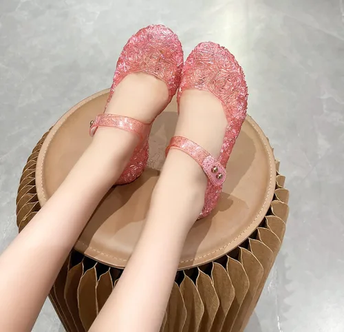Miniatura 4 de OMGard Zapatos de gelatina para niñas, sandalias de cumpleaños de princesa de reina de la nieve para niñas pequeñas, sandalias azules con purpurina