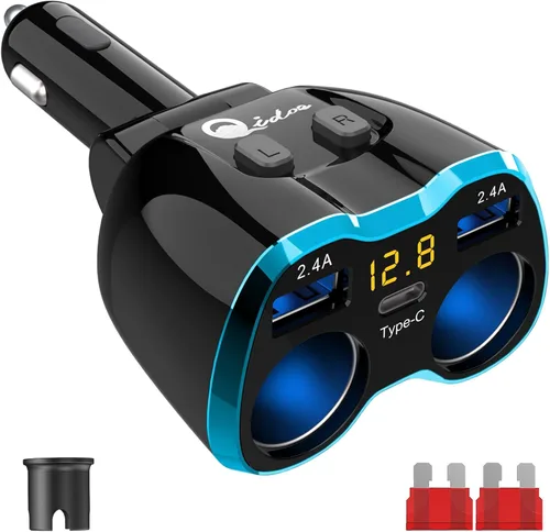 Divisor de encendedor de cigarrillos: USB C 12V Adaptador de cargador de coche 2 enchufes tipo C Multi 12 voltios toma de corriente 24V CC 80W con