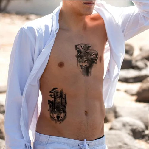 Miniatura 6 de Tatuaje de lobo realista temporal para hombres adultos, gran media manga, lobo de bosque negro, tatuaje falso tribal adulto para mujeres