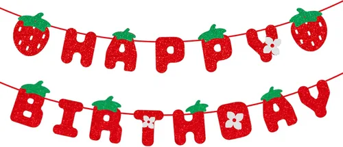 MEETINGU Cartel de feliz cumpleaños de fresa, decoración de fiesta de cumpleaños de fresa con purpurina para niños y niñas, decoración de fiesta