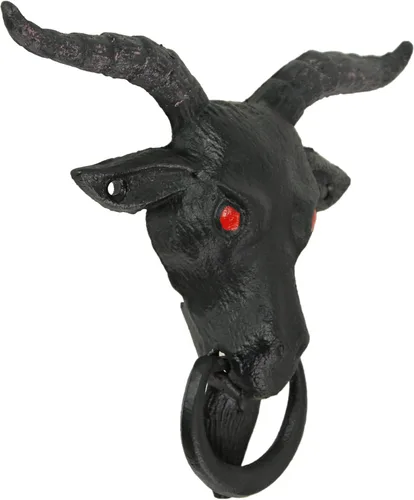 Miniatura 2 de Baphomet Sabbatic de hierro fundido esmaltado negro, cabeza de cabra decorativa, decoración de entrada del hogar, 6.5 pulgadas de alto, adorno