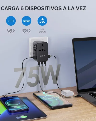 Miniatura 3 de EPICKA GaN - Adaptador de viaje universal, adaptador de enchufe internacional de 75 W con 3 USB-C PD carga rápida y 2 adaptadores de carga rápida