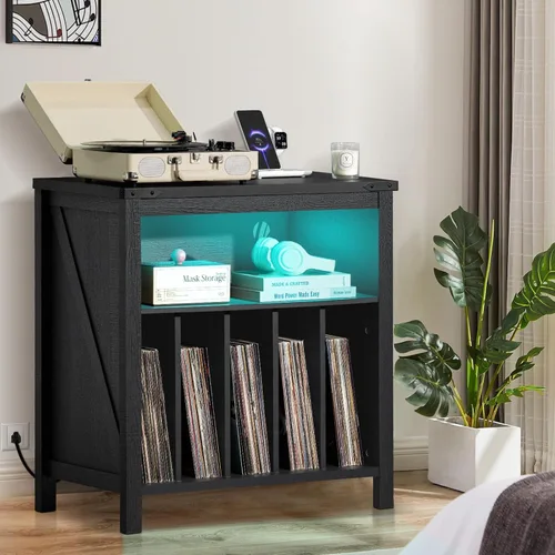 Miniatura 6 de Joaxswe Soporte Grande para Tocadiscos con Estación de Carga y Luces LED, Gabinete Portador de Almacenamiento de Discos de Vinilo que Sostiene hasta