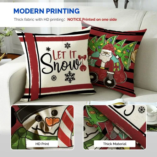 Miniatura 8 de Juego de 4 fundas de almohada navideñas de 18 x 18 pulgadas, Papá Noel, muñeco de nieve, tira de bienvenida de invierno, almohadas de Navidad
