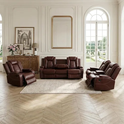 Miniatura 25 de Juego de sofá reclinable eléctrico, sofá reclinable de cuero de aire con LED/portavasos/almacenamiento, 2 muebles de sala de estar, sofá de cuero