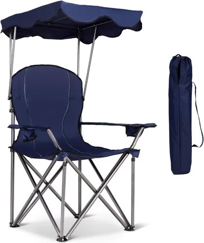Goplus Silla de camping con toldo plegable, con soporte para sombrilla y bolsa de transporte, silla portátil para adultos para playa, viajes al aire