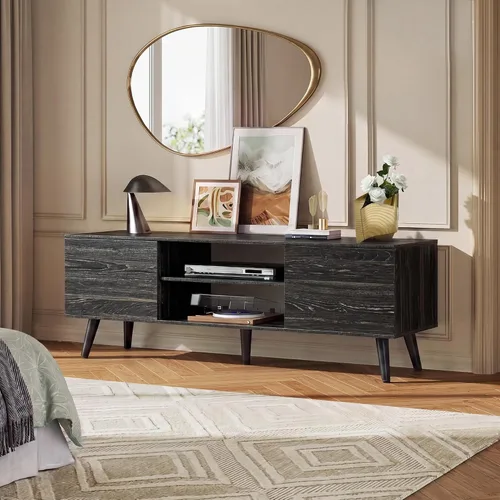Miniatura 4 de WLIVE Soporte de TV moderno Mid-Century para TV de 55/60 pulgadas, centro de entretenimiento con almacenamiento y estantes ajustables, consola Negro