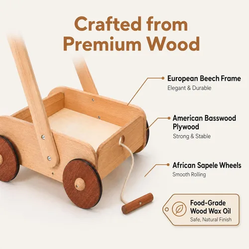 Miniatura 7 de Woodtoe Andador de madera para bebés, juguete de empuje antivuelco de velocidad ajustable para bebés que aprenden a caminar, juguetes naturales