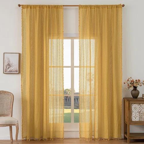 Miniatura 30 de WAZZIO Cortinas de Encaje, Cortina Boho de Crochet para Dormitorio, Cortinas de Café de Algodón, 45 Pulgadas de Largo, 2 Paneles con Bolsillo