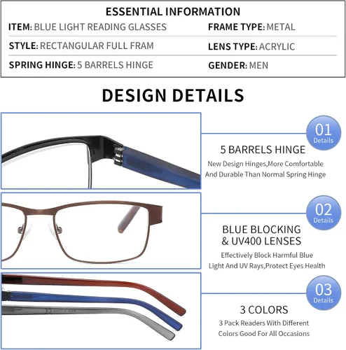 Miniatura 5 de CRGATV 3-Pack Reading Glasses for Men Blue Light Blocking Metal Full Frame Computer Readers Anti UV/Eye Strain/Glare