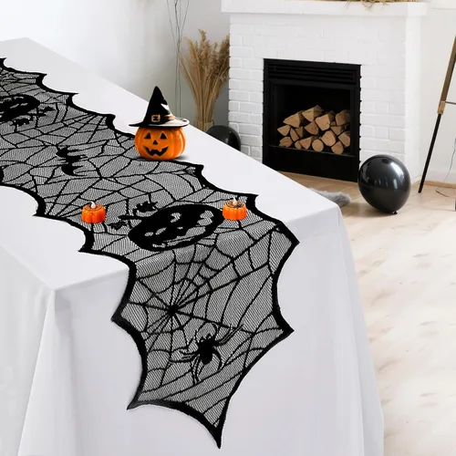 Miniatura 6 de B-COOL Camino de mesa de telaraña de Halloween, tela de araña negra, 2 paquetes de 18 x 72 pulgadas, mantel espeluznante de poliéster para fiestas