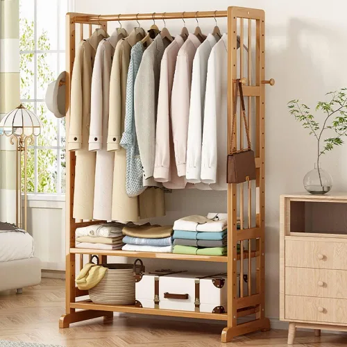 Miniatura 8 de Estante de ropa resistente, estantes de almacenamiento de 2 niveles, estantes de ropa de bambú con barra para colgar, añade espacio en el armario