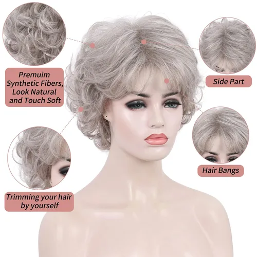 Miniatura 3 de Kalyss Peluca Corta Rizada Ondulada de 10" con Flequillo de Cabello Sintético Premium Resistente al Calor Pelucas Cortas con Aspecto de los Años 70