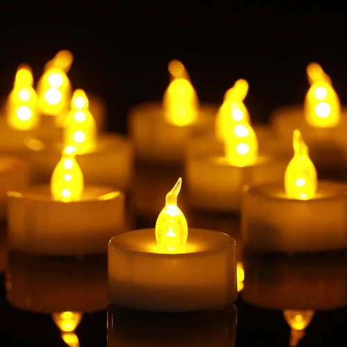 Velas de té, paquete de 50 velas LED sin llama, velas LED realistas parpadeantes de color amarillo cálido, funciona con pilas, ideal para fiestas,