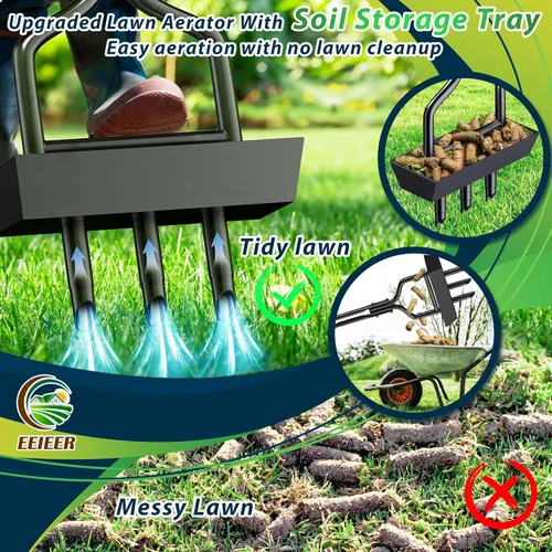 Miniatura 2 de EEIEER Aireador manual de césped con cesta de almacenamiento de tierra, herramienta aireadora mejorada 2025, aireadores de 3 dientes para patio