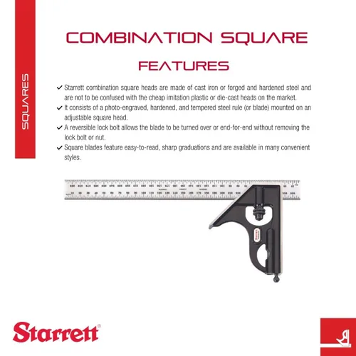 Miniatura 2 de Starrett Escuadra de combinación de acero con cabeza cuadrada - Longitud de hoja de 300 mm, cabezas de hierro fundido, pestillo reversible, punta