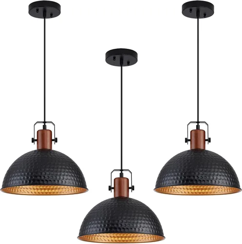 Luces Colgantes Negras de 12 Pulgadas Martilladas Mate Luces Colgantes para Isla de Cocina Industrial Granja Altura Ajustable Luminarias Colgantes