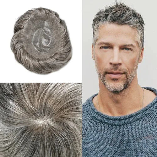 Miniatura 79 de Toupee para hombres pieza de pelo suave poli piel real sistema de cabello humano para hombre tupé durable PU piezas de pelo para hombres reemplazo