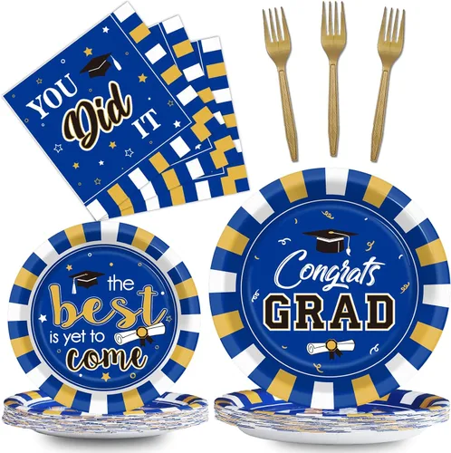 Juego de 24 platos para fiesta de graduación y servilletas, suministros de felicitaciones para la clase de 2026, vajilla desechable, regalos de Azul