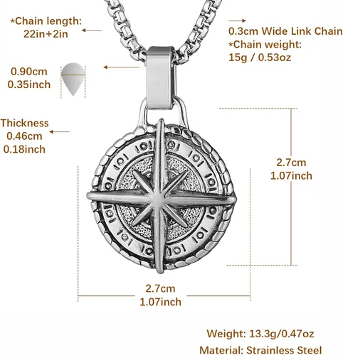 Miniatura 5 de HZMAN Collar de brújula náutica vikinga para hombres y niños, acero inoxidable, vintage, marinero, vegvisir, brújula, amuleto, joyería de regalo