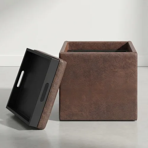 Miniatura 4 de SIMPLIHOME Rockwood - Otomana de almacenamiento en cubo con bandeja, otomana tapizada de cuero vegano de 17 pulgadas de ancho en marrón envejecido