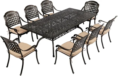 Miniatura 11 de TITIMO Juego de comedor de 7 piezas de aluminio fundido para patio, muebles de comedor al aire libre, juego de conversación de patio, mesa