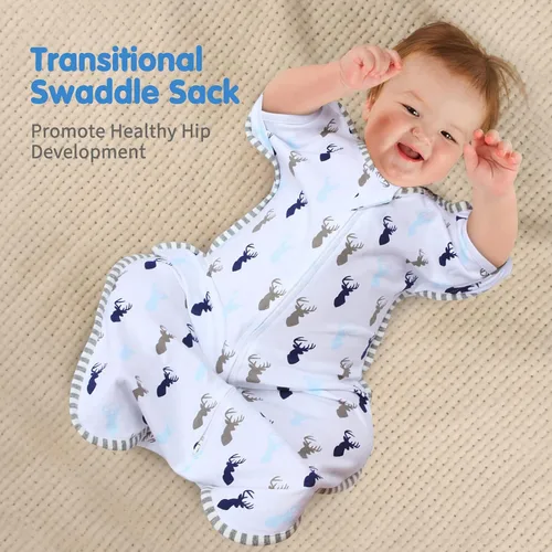 Miniatura 3 de Saco de dormir de transición para bebé de 0-3 meses con brazos hacia arriba, cremallera de 2 vías, 100% algodón, brazos adentro/afuera, 0.8 Tog