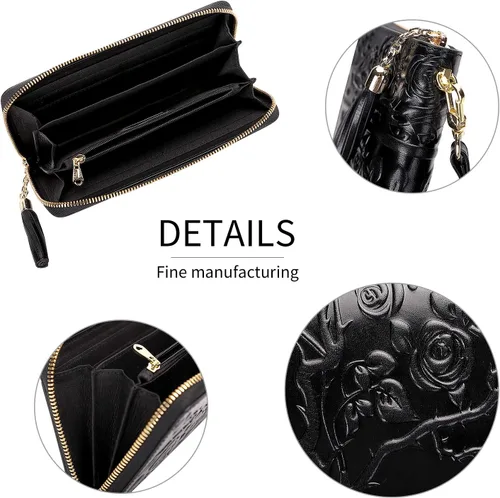 Miniatura 5 de PIJUSHI Carteras de cuero genuino para mujer, diseño floral, cartera de mano con borla