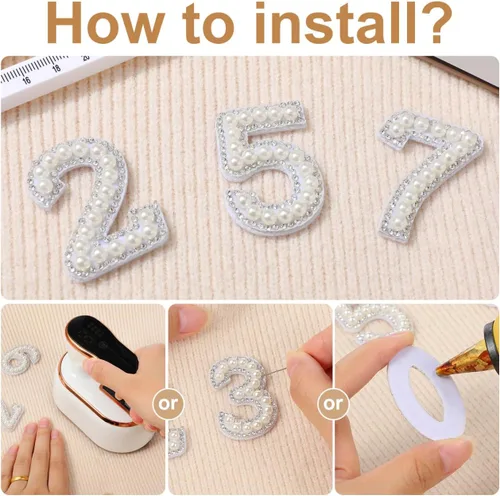 Miniatura 3 de EXCEART 10 parches de números para planchar del 0 al 9, apliques digitales de diamantes de imitación de perlas para decoración de ropa de bricolaje