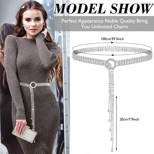 Miniatura 2 de 2 Pieces Rhinestone Belt for Women Shiny Crystal O-Ring Waist Belts for Dress Diamond Chain Belt for Ladies Dress Gift