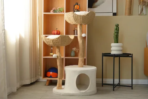 Miniatura 7 de Natural Modern - Torre de árbol para gatos, condominio de madera para gatos con bola colgante, cestas acogedoras, postes rascadores, para gatos