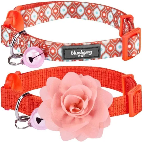 Blueberry Pet Paquete de 2 collares de gato, The Flower Power Perfect Orange ajustable para gato con campana y flor desmontable, cuello de 9 a 13