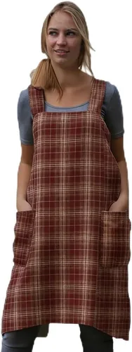Miniatura 25 de Larmliss Delantal tipo pinafore cuadrado para mujer, para hornear, cocinar, jardinería, con espalda cruzada, mezcla de algodón/lino, con 2 bolsillos