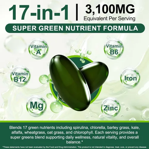 Miniatura 4 de Tiuedu Espirulina Chlorella Softgels 300 cápsulas, 17 en 1 mezcla de nutrientes verdes, cápsulas blandas de espirulina Chlorella, ricas en proteínas