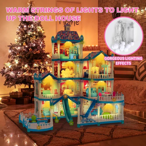 Miniatura 6 de Seifar Casa de muñecas para niñas, 10 habitaciones, juguete de casa azul con figuras de muñecas, cachorros, luces, muebles, accesorios, casa