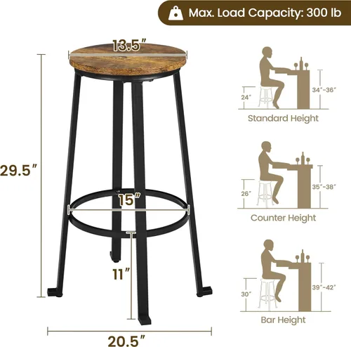 Miniatura 3 de Yaheetech Juego de 2 taburetes de bar de 29.5 pulgadas de altura de bar, sillas de bar altas industriales, taburetes redondos sin espalda con patas