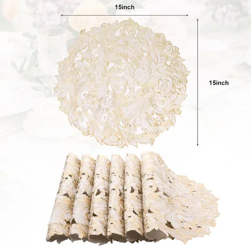 Miniatura 6 de Juego de 6 manteles individuales redondos dorados, manteles individuales de vinilo prensado floral lavable para mesa de comedor, boda, decoración